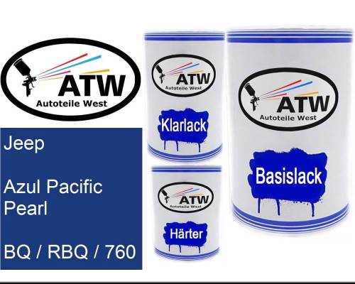 Jeep, Azul Pacific Pearl, BQ / RBQ / 760: 500ml Lackdose + 500ml Klarlack + 250ml Härter - Set, von ATW Autoteile West.